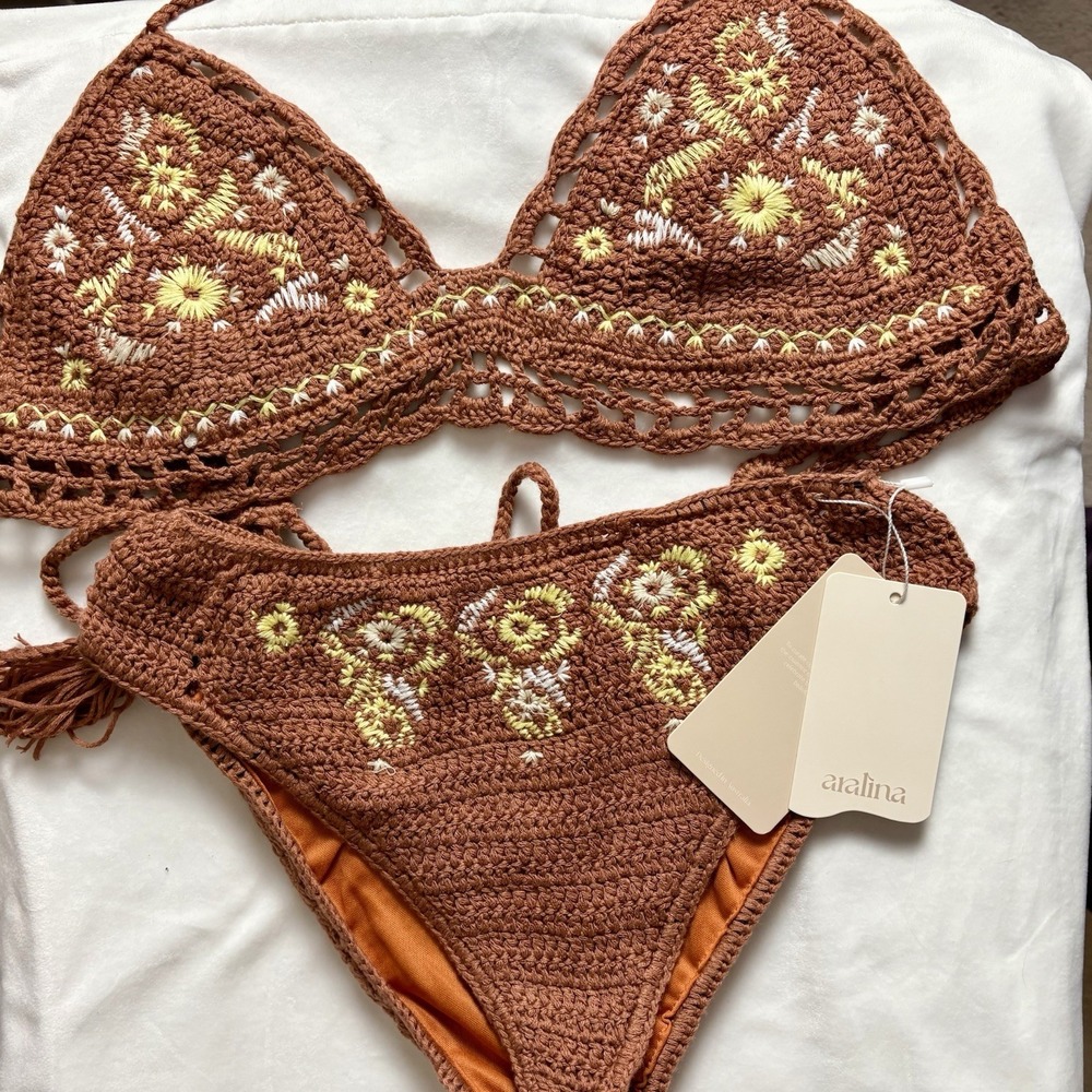 Aralina Tan Crochet Bikini 2-Piece Swimsuit Floral Festival Boho Beachy XS NWT
